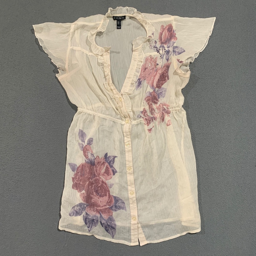 Whimsical Coquette Women's L Babydoll Sheer Ruffle Button Down Top Y2K Ethereal